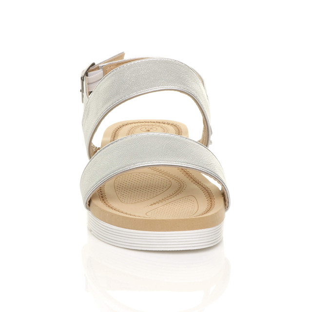 Front view of Silver PU Low Wedge Heel Slingback Buckle Strappy Flatform Sandals 