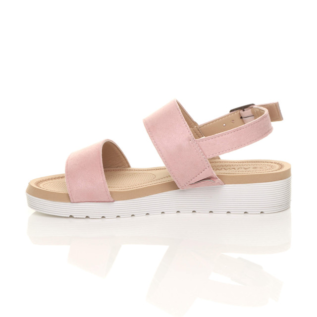 Left side view of Pale Pink Suede Low Wedge Heel Slingback Buckle Strappy Flatform Sandals 