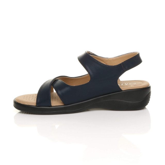 Left side view of Navy PU Low Wedge Heel Slingback Strappy Comfort Sandals