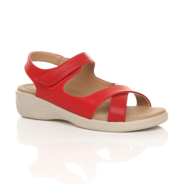 Front right side view of Red PU Low Wedge Heel Slingback Strappy Comfort Sandals