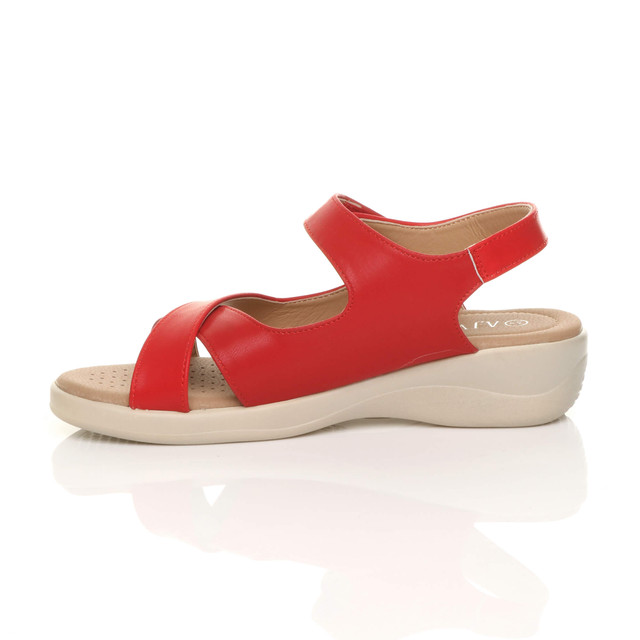 Left side view of Red PU Low Wedge Heel Slingback Strappy Comfort Sandals