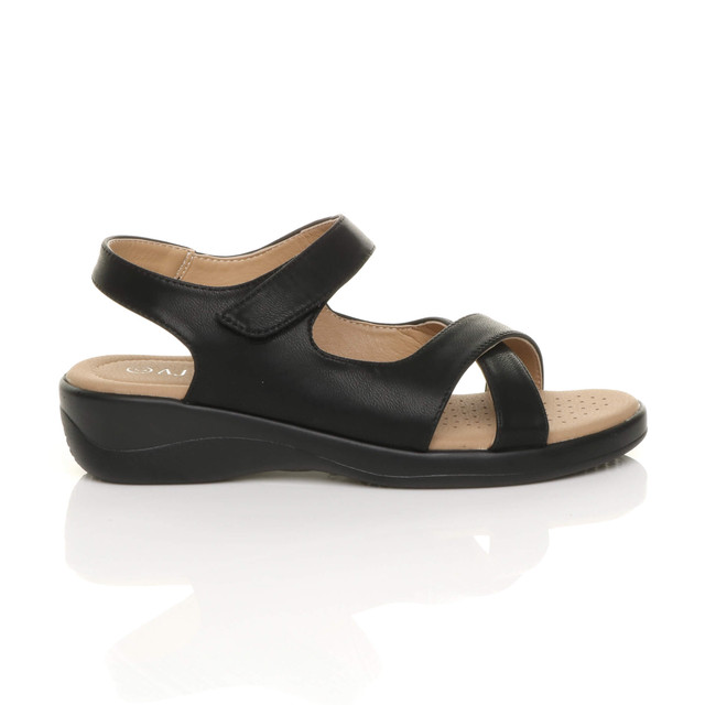 Right side view of Black PU Low Wedge Heel Slingback Strappy Comfort Sandals