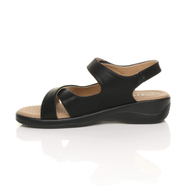 Left side view of Black PU Low Wedge Heel Slingback Strappy Comfort Sandals