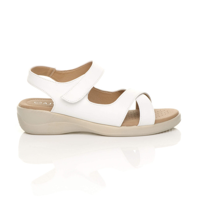 Right side view of White PU Low Wedge Heel Slingback Strappy Comfort Sandals