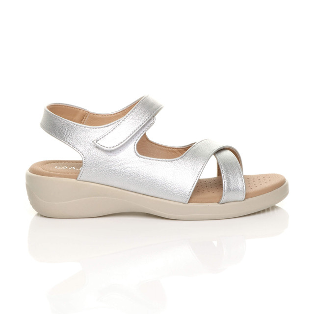 Right side view of Silver PU Low Wedge Heel Slingback Strappy Comfort Sandals