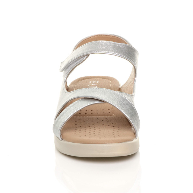 Front view of Silver PU Low Wedge Heel Slingback Strappy Comfort Sandals