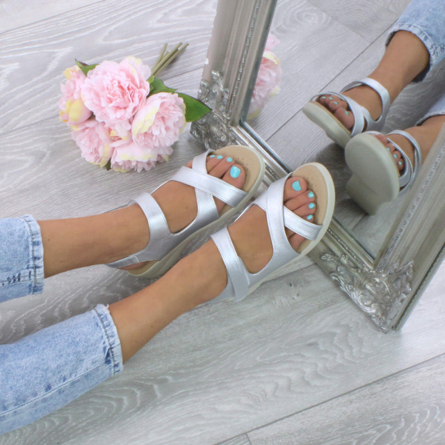 Model wearing Silver PU Low Wedge Heel Slingback Strappy Comfort Sandals