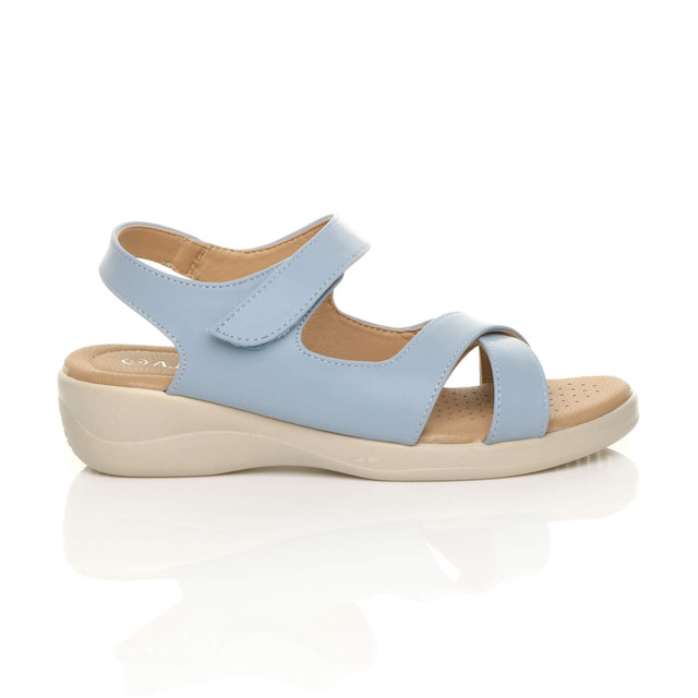 Right side view of Pale Blue PU Low Wedge Heel Slingback Strappy Comfort Sandals