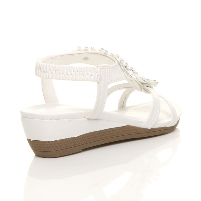 Back right side view of White PU Low Mid Wedge Heel Flower Diamante T-Bar Slingback Sandals