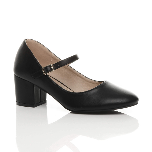 Front right side view of Black PU Mid Block Heel Mary Jane Strap Court Shoes