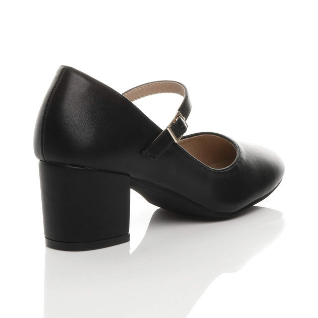 Back right side view of Black PU Mid Block Heel Mary Jane Strap Court Shoes