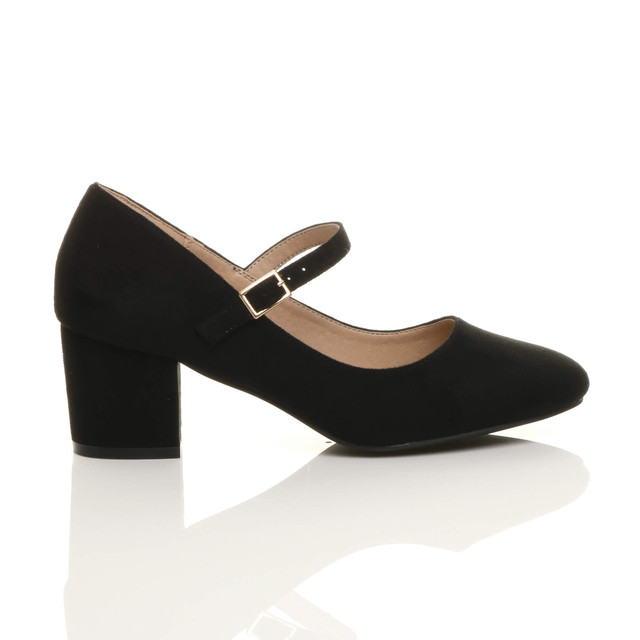 Right side view of Black Suede Mid Block Heel Mary Jane Strap Court Shoes