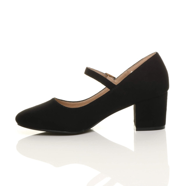 Left side view of Black Suede Mid Block Heel Mary Jane Strap Court Shoes