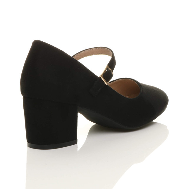 Back right side view of Black Suede Mid Block Heel Mary Jane Strap Court Shoes