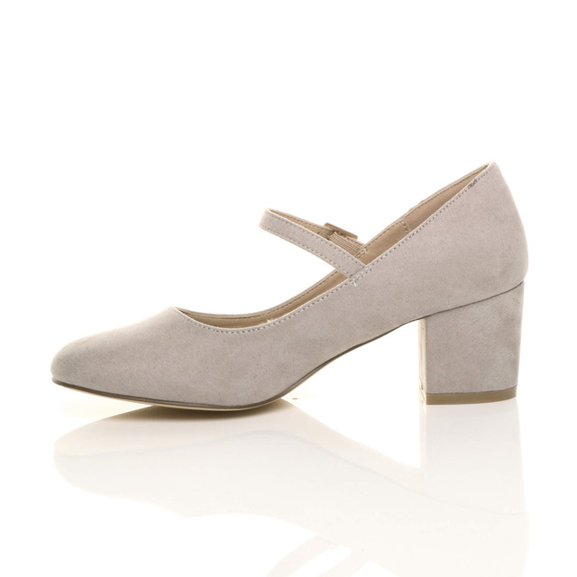 Left side view of Grey Suede Mid Block Heel Mary Jane Strap Court Shoes