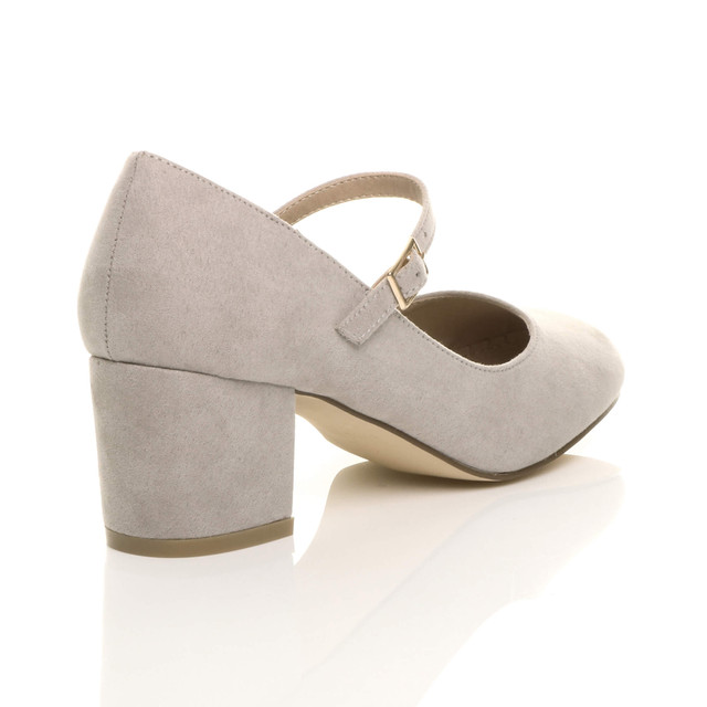 Back right side view of Grey Suede Mid Block Heel Mary Jane Strap Court Shoes