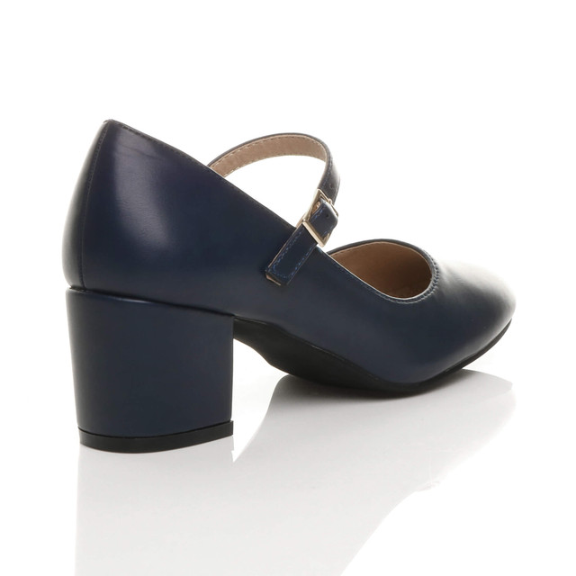 Back right side view of Navy PU Mid Block Heel Mary Jane Strap Court Shoes