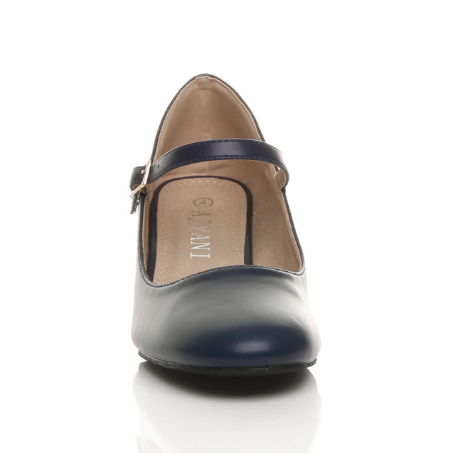 Front view of Navy PU Mid Block Heel Mary Jane Strap Court Shoes