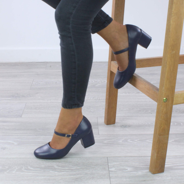 Model wearing Navy PU Mid Block Heel Mary Jane Strap Court Shoes