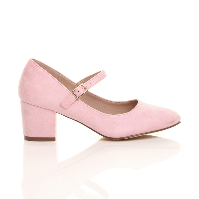 Right side view of Pale Pink Suede Mid Block Heel Mary Jane Strap Court Shoes