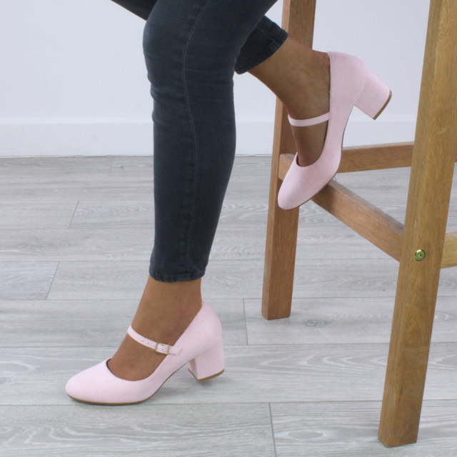 Model wearing Pale Pink Suede Mid Block Heel Mary Jane Strap Court Shoes