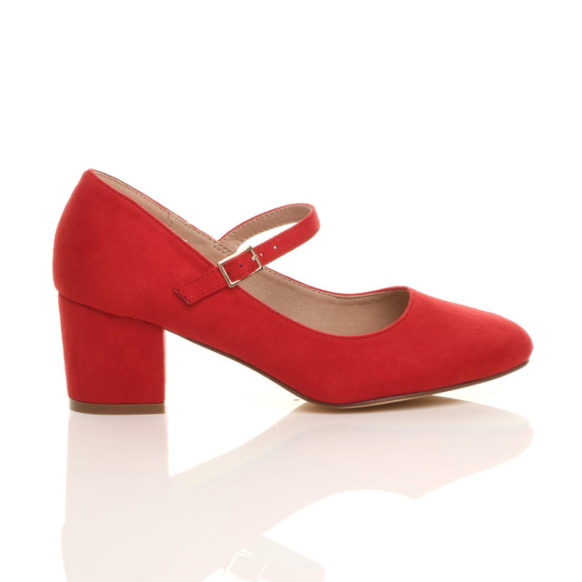 Right side view of Red Suede Mid Block Heel Mary Jane Strap Court Shoes