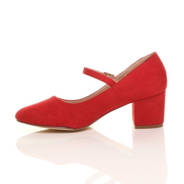 Left side view of Red Suede Mid Block Heel Mary Jane Strap Court Shoes