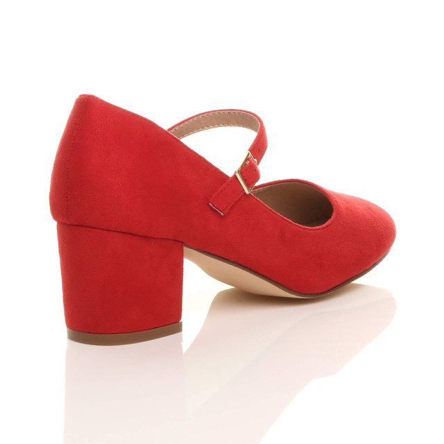 Back right side view of Red Suede Mid Block Heel Mary Jane Strap Court Shoes