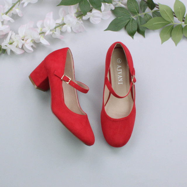 Red Suede Mid Block Heel Mary Jane Strap Court Shoes