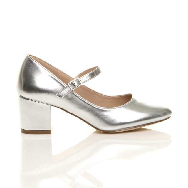 Right side view of Silver PU Mid Block Heel Mary Jane Strap Court Shoes