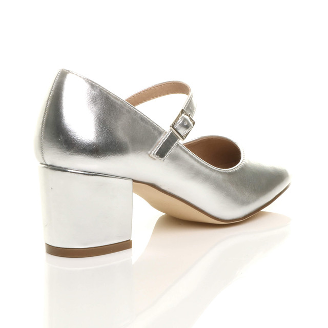 Back right side view of Silver PU Mid Block Heel Mary Jane Strap Court Shoes