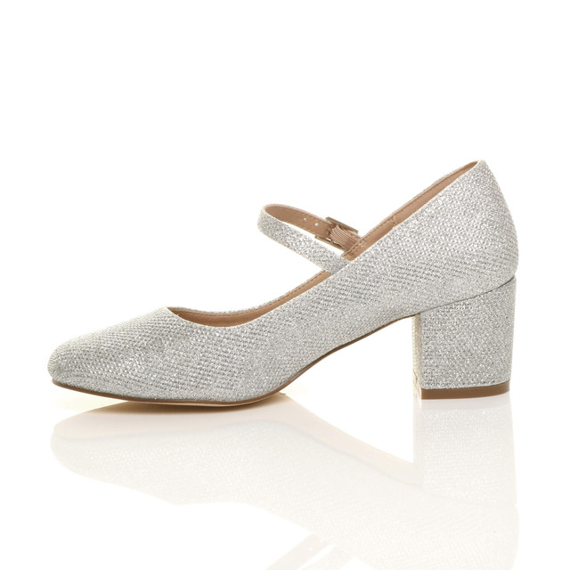 Left side view of Silver Glitter Mid Block Heel Mary Jane Strap Court Shoes