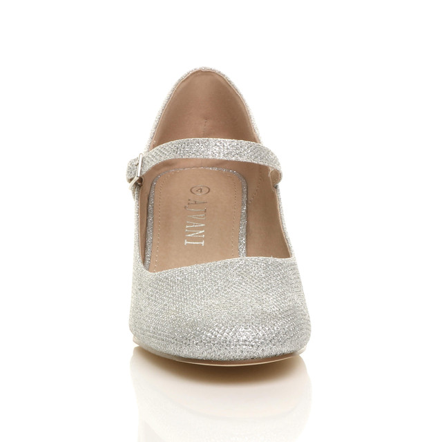 Front view of Silver Glitter Mid Block Heel Mary Jane Strap Court Shoes
