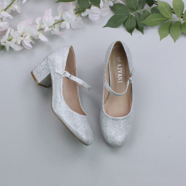 Silver Glitter Mid Block Heel Mary Jane Strap Court Shoes