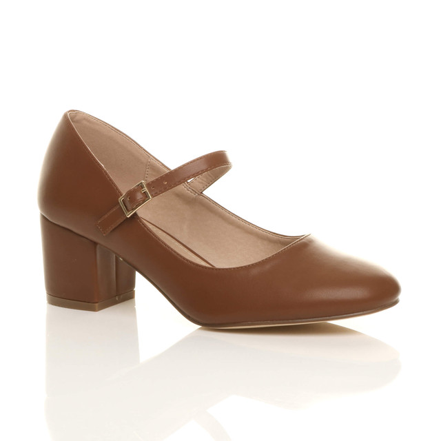 Front right side view of Tan PU Mid Block Heel Mary Jane Strap Court Shoes