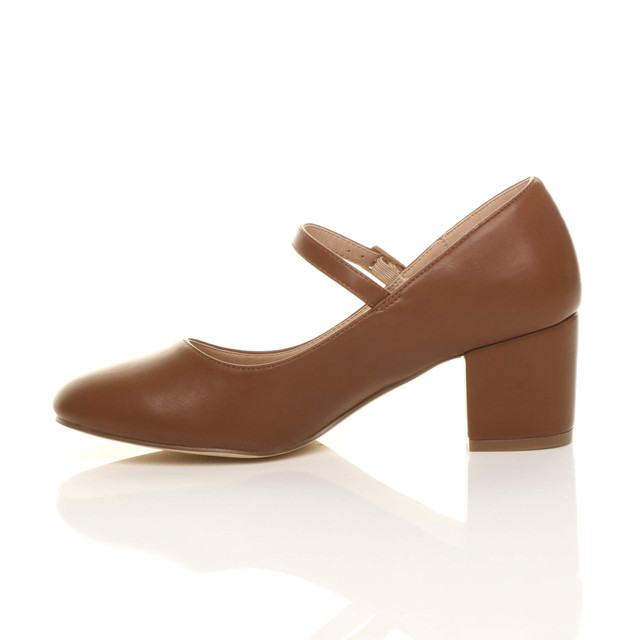 Left side view of Tan PU Mid Block Heel Mary Jane Strap Court Shoes