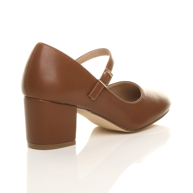 Back right side view of Tan PU Mid Block Heel Mary Jane Strap Court Shoes