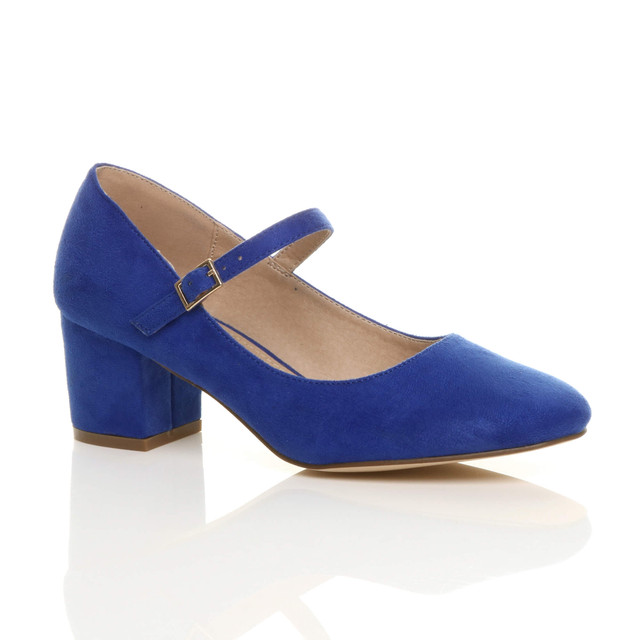 Front right side view of Cobalt Blue Suede Mid Block Heel Mary Jane Strap Court Shoes