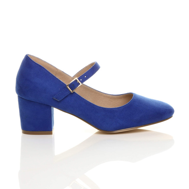 Right side view of Cobalt Blue Suede Mid Block Heel Mary Jane Strap Court Shoes