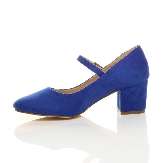 Left side view of Cobalt Blue Suede Mid Block Heel Mary Jane Strap Court Shoes