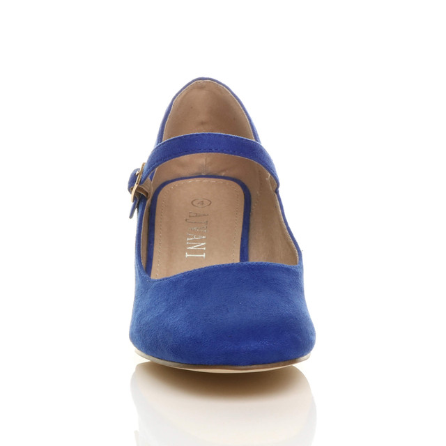 Front view of Cobalt Blue Suede Mid Block Heel Mary Jane Strap Court Shoes