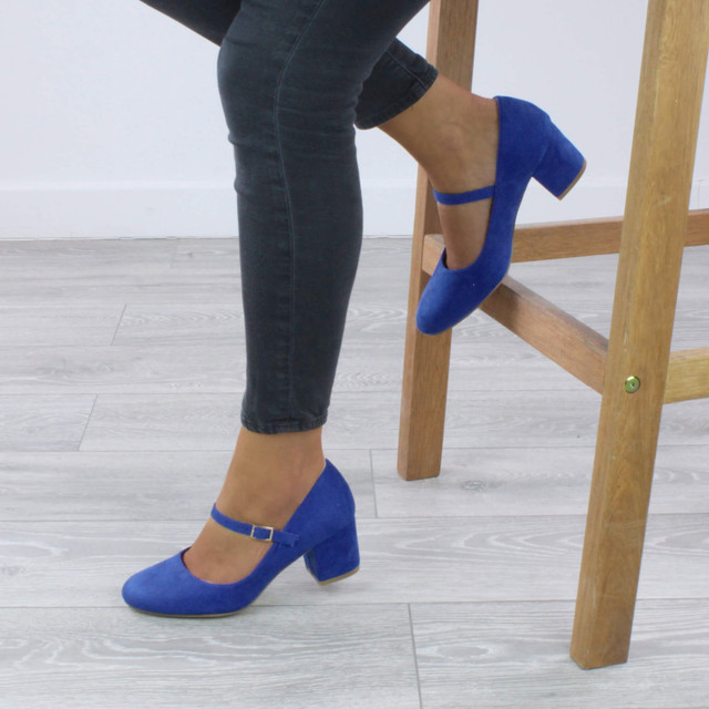 Model wearing Cobalt Blue Suede Mid Block Heel Mary Jane Strap Court Shoes