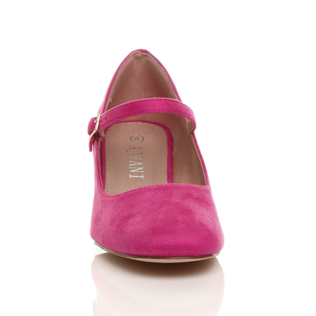 Front view of Fuchsia Pink Suede Mid Block Heel Mary Jane Strap Court Shoes