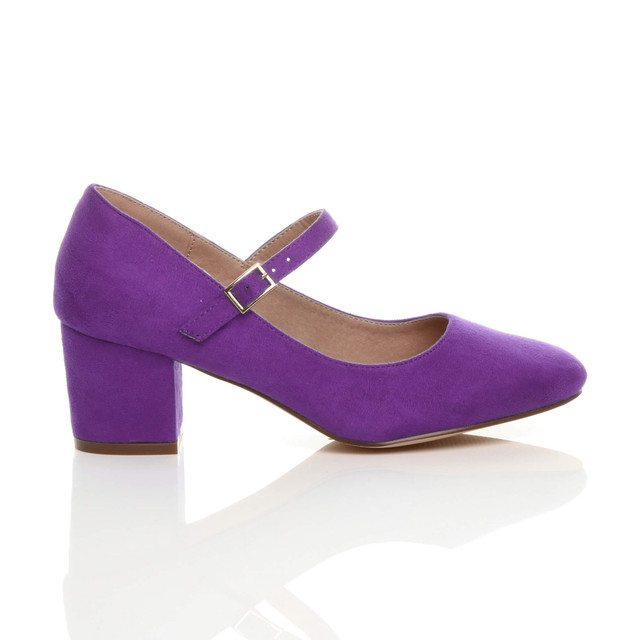 Right side view of Purple Suede Mid Block Heel Mary Jane Strap Court Shoes