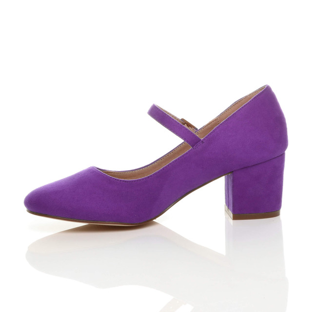 Left side view of Purple Suede Mid Block Heel Mary Jane Strap Court Shoes