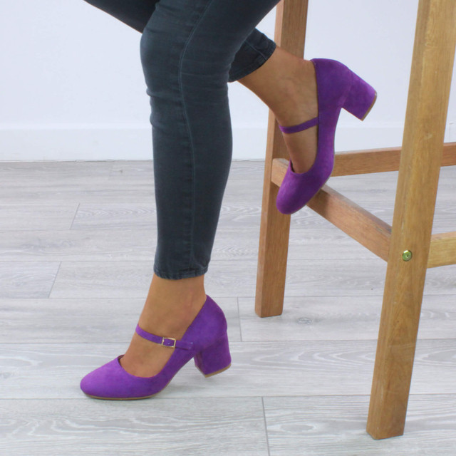Model wearing Purple Suede Mid Block Heel Mary Jane Strap Court Shoes