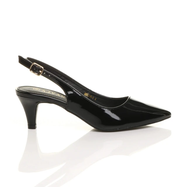 Right side view of Black Patent Low Mid Heel 50s Slingback Buckle Pointed Open Back Shoes