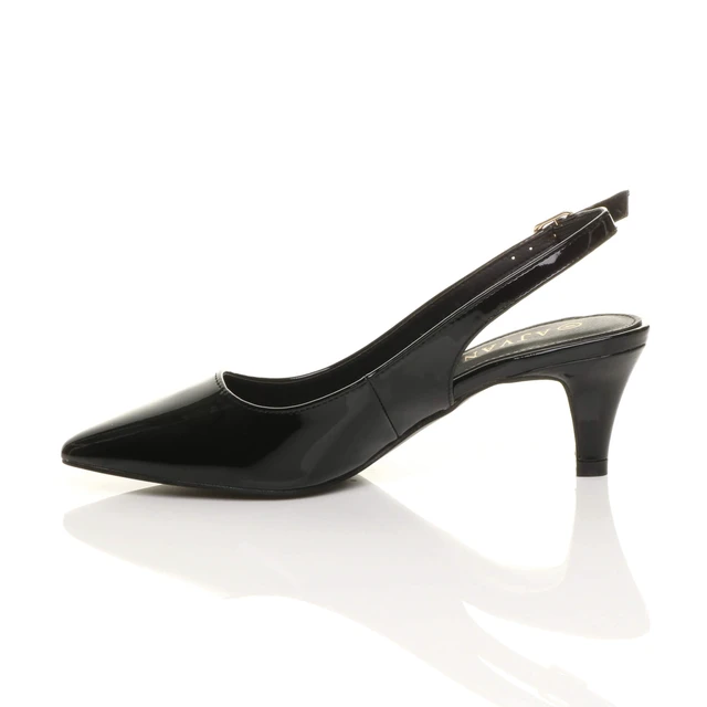Left side view of Black Patent Low Mid Heel 50s Slingback Buckle Pointed Open Back Shoes