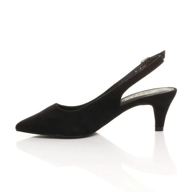 Left side view of Black Suede Low Mid Heel 50s Slingback Buckle Pointed Open Back Shoes