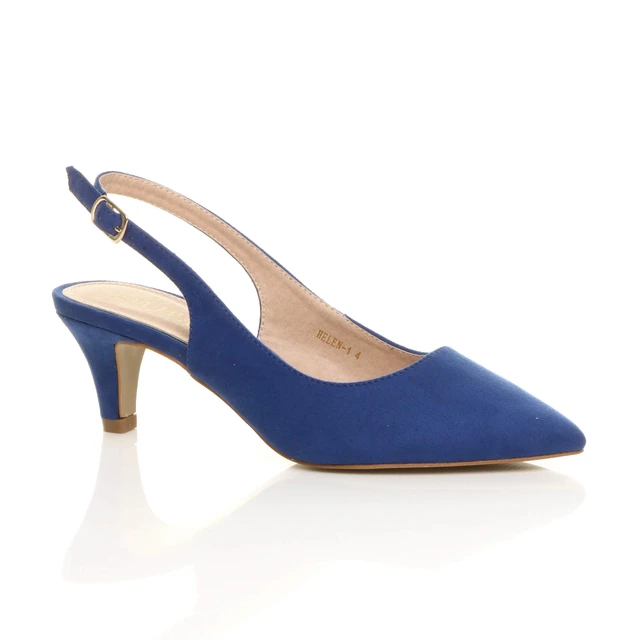 Front right side view of Cobalt Blue Suede Low Mid Heel 50s Slingback Buckle Pointed Open Back Shoes